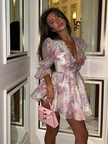 Women Mesh Patchwork Flower Print Mini Dress Elegant V-neck Short Sleeve High Waist A-line Dresses 2025 New High Street Vestidos - Smarsty