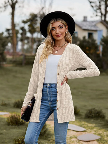 Autumn New Women's Milled Pit Stripe V-Neck Solid Colour Button Long Sleeve Ladies Casual Extensions Cardigan Jacket Coat - Smarsty