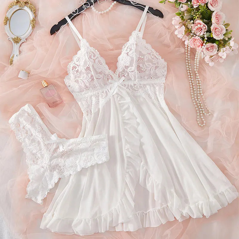 Summer Sexy Lingerie Dress Women Lace See Through Nightdress Sleepwear Solid Slim Soft V Neck Full Slip Sleepwear & Dresses - Smarsty