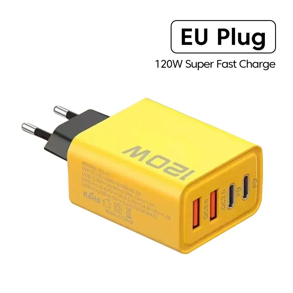 Quick Charge 3.0 Fast Charger Muti Total 120W 4 Port USB Type C PD Mobile Phone Wall Adapter for iPhone 16 Samsung S24 Xiaomi 15 - Smarsty