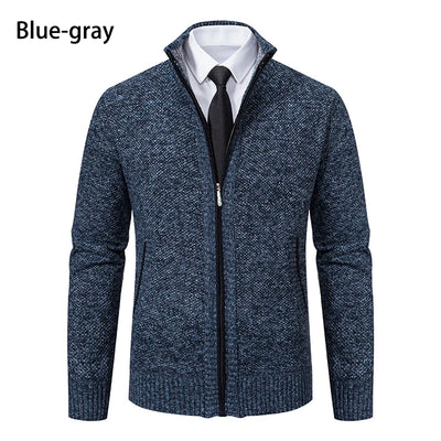 Autumn And Winter New Jersey Men's Casual Sports Coat Solid Color Stand Collar Wweater Grab Fleece Warm Zipper Cardigan - Smarsty