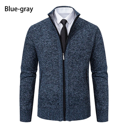 Autumn And Winter New Jersey Men's Casual Sports Coat Solid Color Stand Collar Wweater Grab Fleece Warm Zipper Cardigan - Smarsty