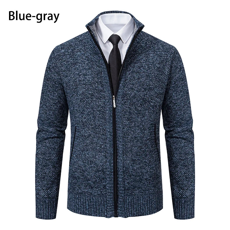Autumn And Winter New Jersey Men's Casual Sports Coat Solid Color Stand Collar Wweater Grab Fleece Warm Zipper Cardigan - Smarsty