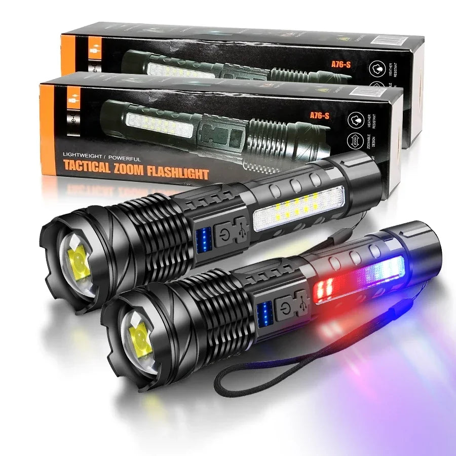 Rechargeable LED Flashlight Zoomable Torch with COB Side Led 7 Modes Waterproof High Power Hand Light Outdoor Wilderness Camping
