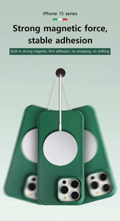 MagSafe Leather Case Natural Cowhide Lychee Finish Premium for iPhone 15, 16, 17 - Smarsty