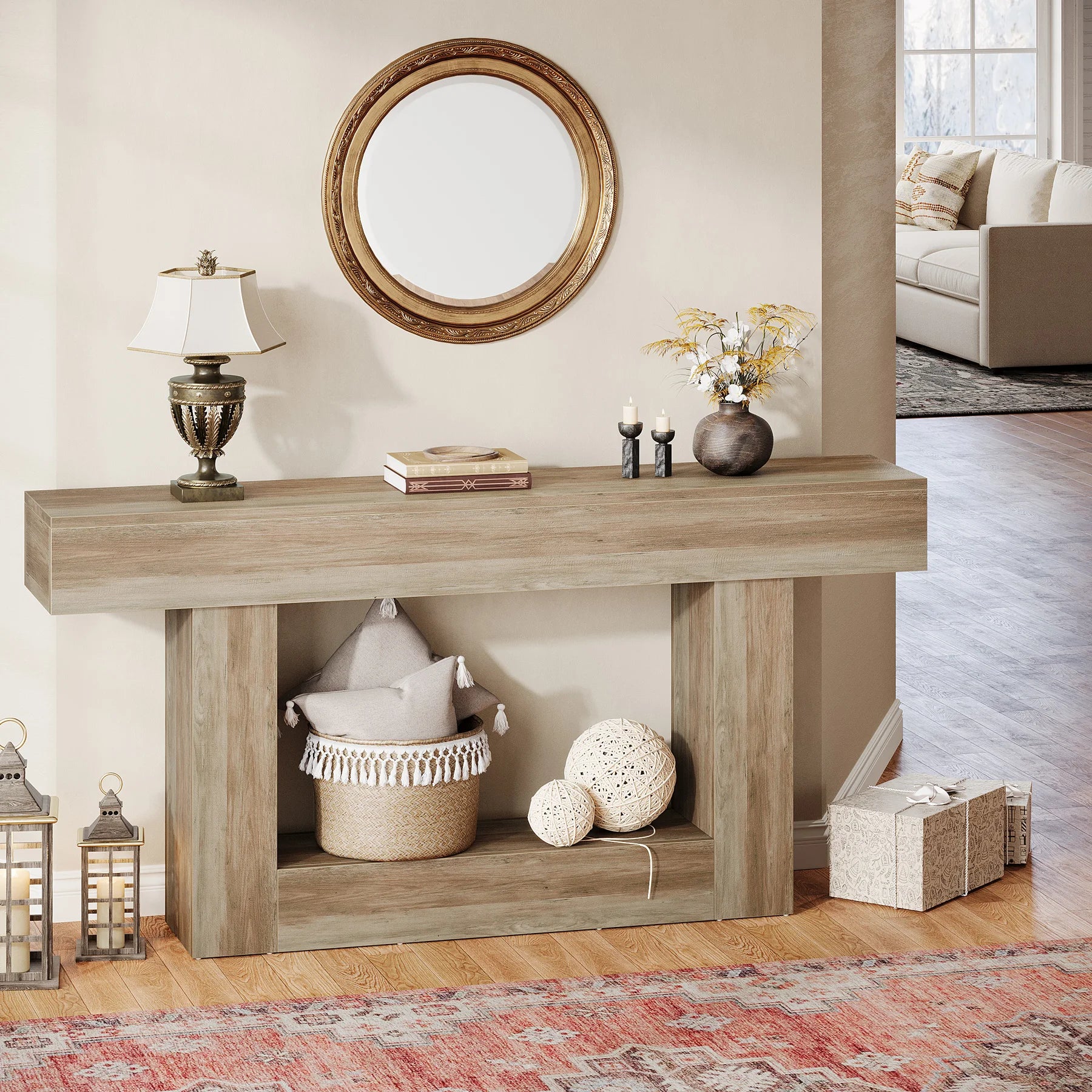 Tribesigns 63" Console Table, Farmhouse 2-Tier Entryway Table with U-Shaped Base, Narrow Long Wood Sofa Table Behind Couch Table