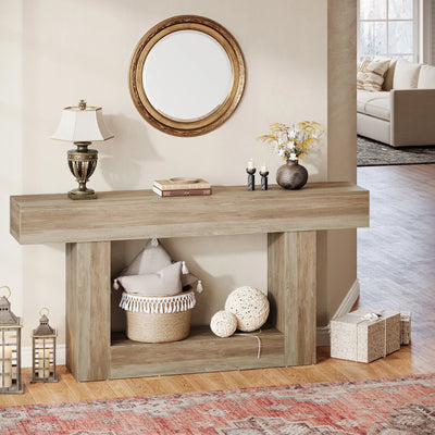 Tribesigns 63" Console Table, Farmhouse 2-Tier Entryway Table with U-Shaped Base, Narrow Long Wood Sofa Table Behind Couch Table