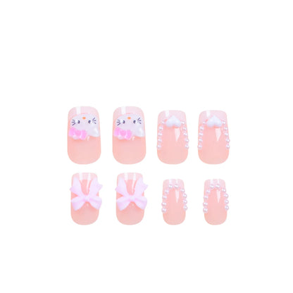 Cute Cartoon Cat Pink French Nail Set - Smarsty