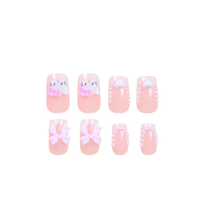 Cute Cartoon Cat Pink French Nail Set for Parties - Smarsty