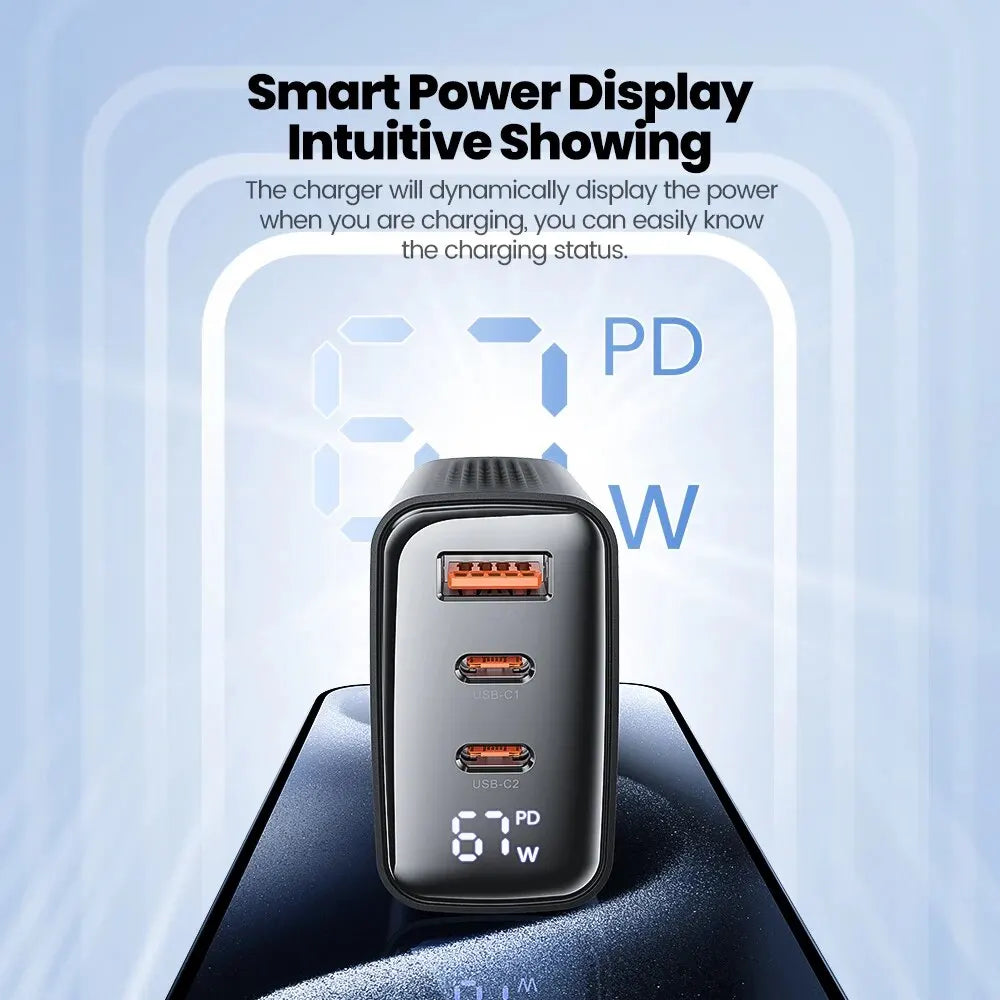 GaN USB Type C Charger With Digital Display 65W Power - Smarsty