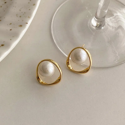 Gold Pearl Stud Earrings Korean Irregular Delicate 2023 - Smarsty