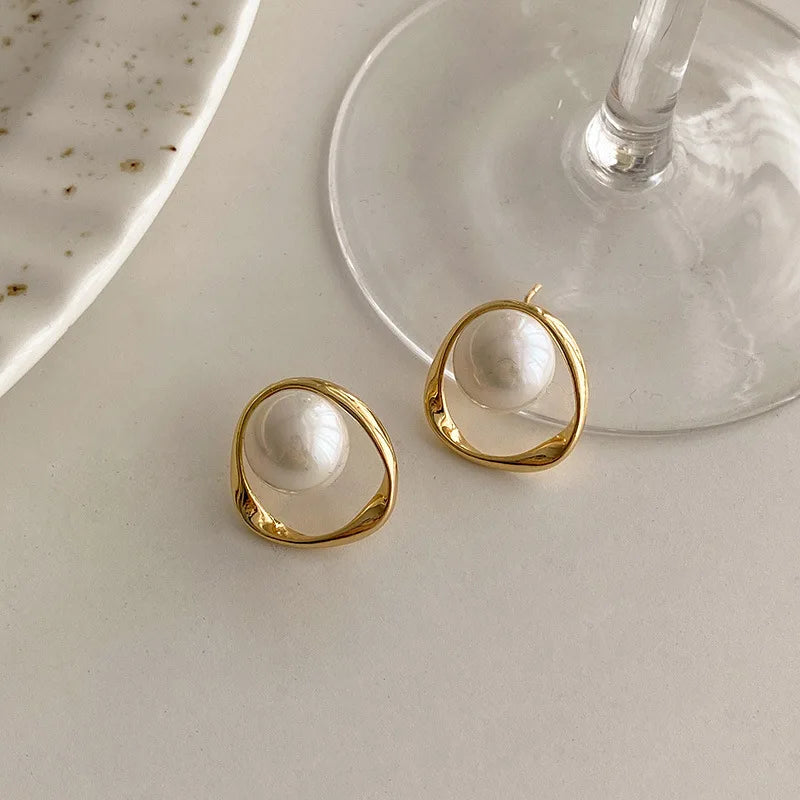 Gold Pearl Stud Earrings Korean Irregular Delicate 2023 - Smarsty