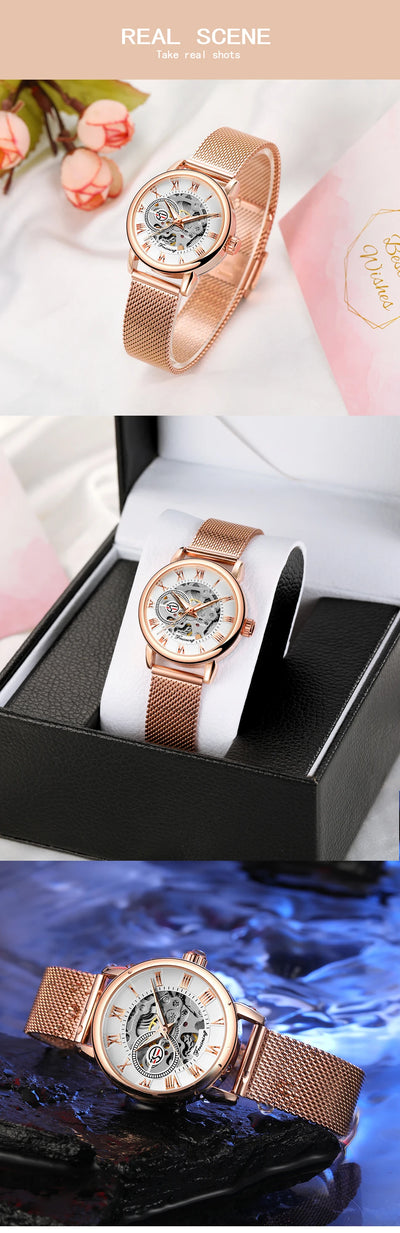 Luxury Skeleton Mechanical Women's Watch Stainless Steel - Smarsty