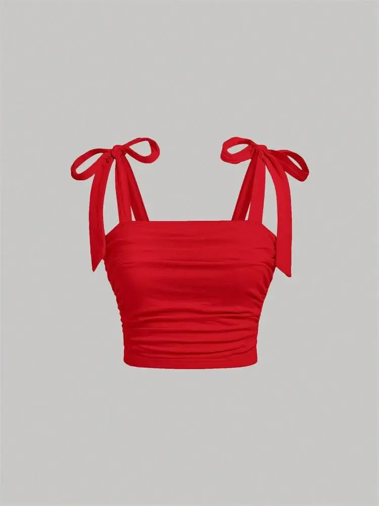 Solid Tie Shoulder Ruched Wide Strap Slim Fit Crop Top Women Clothing Summer 2025 Y2K Clothes Pink Backless Camis Top Streetwear