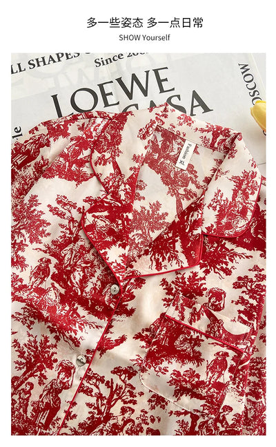 Fashion Print Flower 2PCS Pajamas Set Women Sleepwear Spring Summer Trouser Suits Lounge Wear Loose Satin Homewear Pijamas Suit - Smarsty