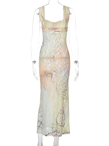 Dulzura Lace Print Cut Out Maxi Dress Bodycon Sexy Party Club Y2K Outfits Streetwear Bandage Dress Vestido Classic Prom