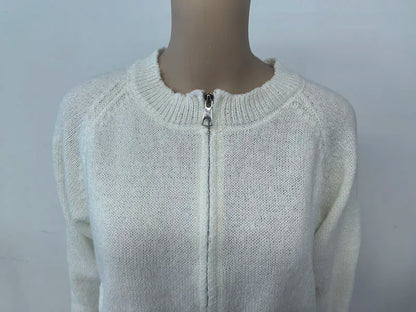 Autumn Winter Short Knitting Cardigan Women Solid Color Long Sleeve Round Neck Sweater Jacket 2025 Casual Zipper Sweater Coats - Smarsty