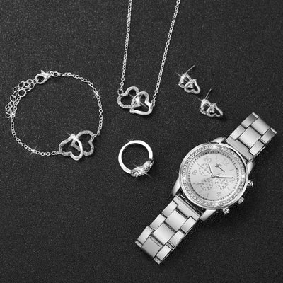 6PCS Women's Rhinestone Quartz Watch Set with Stainless Steel Band - Smarsty