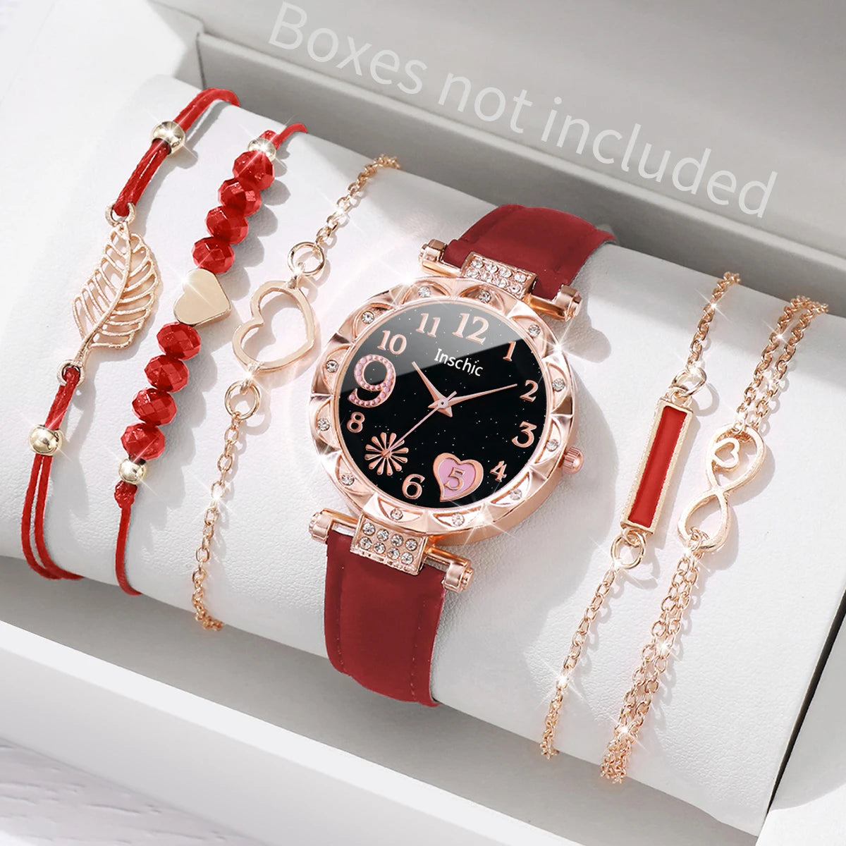 Fashion Heart Dial Women's Watch Set with Leather Band - Smarsty