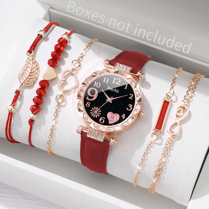 Fashion Heart Dial Women's Watch Set with Leather Band - Smarsty