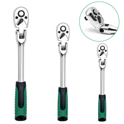 3-Piece Flex Head Ratchet Set, 1/4", 3/8", 1/2" Drive, 72-Tooth Ratchet with Chromium Plating Quick Release Reversible Design