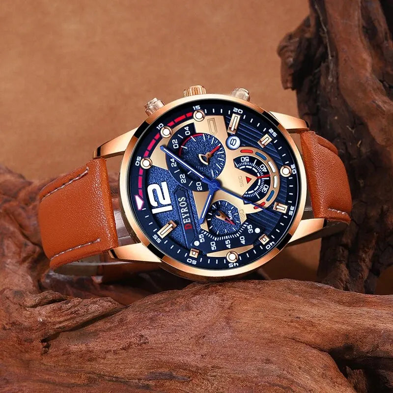 Luxury Men's Quartz Watch Set with Brown Leather Band - Smarsty