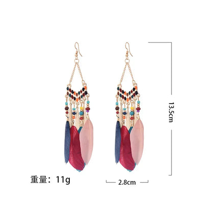 Bohemian Feather Dangle Earrings with Colorful Tassels - Smarsty