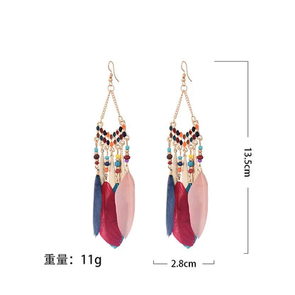 Bohemian Feather Dangle Earrings with Colorful Tassels - Smarsty