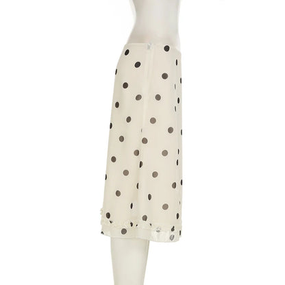 BIIKPIIK Casual Women Polka Dot Skirts Lettuce Trim Beige Elegant Midi Skirts Streetwear Simple All-match Bottom Clothing Spring - Smarsty