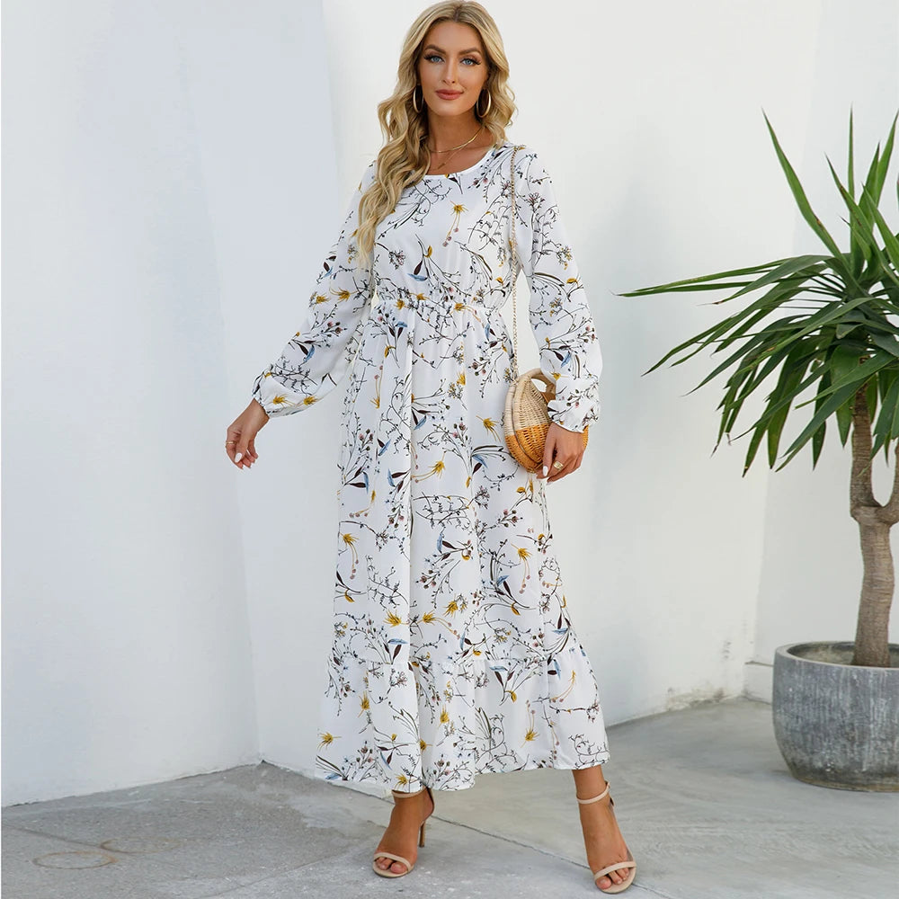 2023 Sping Summer Bohemian Women Maxi Dress Casual Long Sleeve High Waist Beach Woman Chiffon Dresses Floral Vestidoes Mujer New - Smarsty