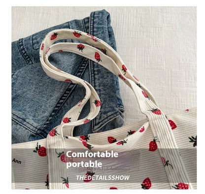 Corduroy Handbag Strawberries Beach Tote Large Capacity - Smarsty
