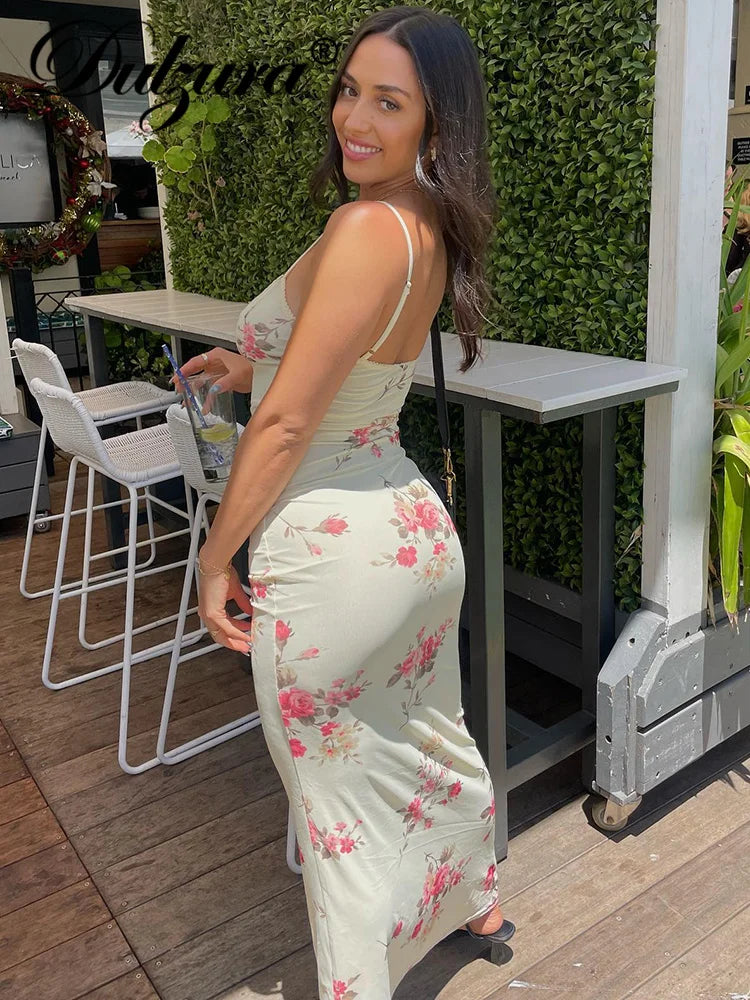 Dulzura Sexy Y2K Clothes Floral Print Sleeveless Backless Bodycon Maxi Dresses For Women 2023 Club Birthday Party Elegant Outfit - Smarsty