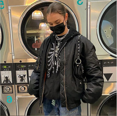 Y2K Rhinestone Skeleton Hoodies Women Gothic Black Zip Up Oversized Sweatshirts Female Retro Harajuku Hooded Jacket Streetwear - Smarsty