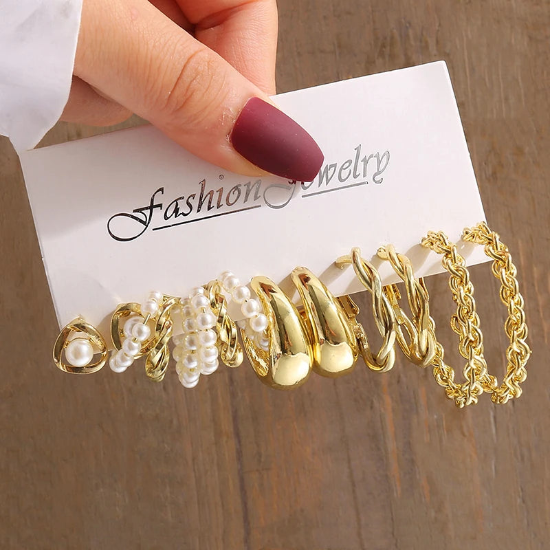 Gold Color Vintage Geometric Pearl Earrings Set For Women - Smarsty