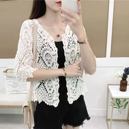 Women Knitted Lace Shrug Boho Hollow Crochet Floral 3/4 Sleeves Open Front Cropped Cardigan Elegant Mesh Sweater Coveup - Smarsty