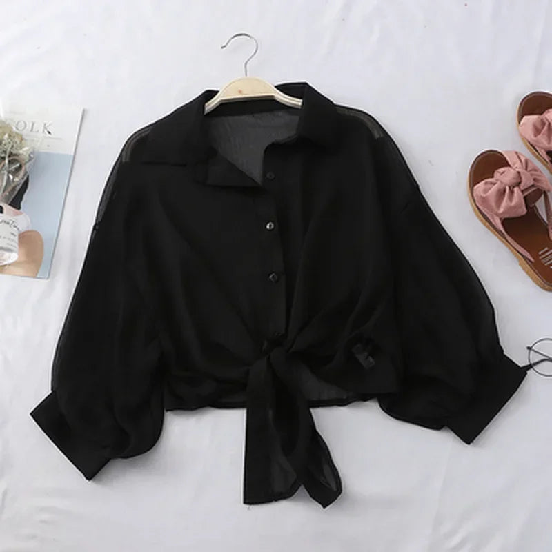 Casual Loose Hollow White Clothes Elegant Solid Color Tied Waist Blouse Women Summer Bat Half Sleeve Button Chiffon Shirt - Smarsty