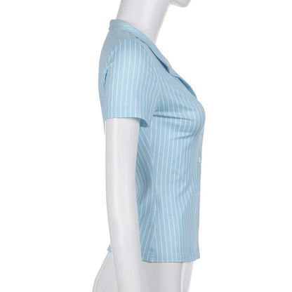 Sweetown Blue Stripe Short Sleeve Shirts For Women Button Up Turn Down Collar Slim Simple Casual Preppy Tops Basic Summer Tees - Smarsty