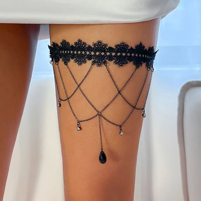 Gothic Black Lace Thigh Chain Body Jewelry - Smarsty