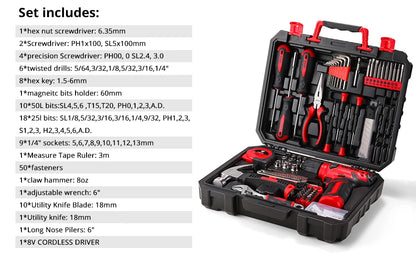 DEKO Drill Set Tool Set with 8V Red Cordless Drill, Home Tool Kit with Drill, Hand Tool Kits for Women 126 Piece