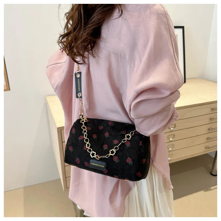 Corduroy Underarm Bag For Women Strawberry Print Mini Tote - Smarsty