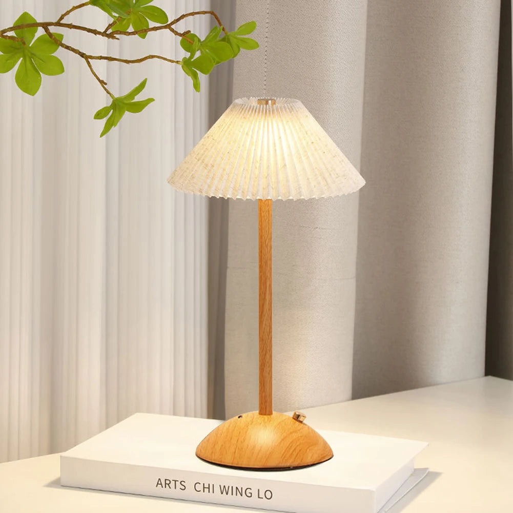 Minimalist Nightstand Light Fabric Shade Portable LED Desk Lamp Wood Base Dimmable Touch Lamp for Restaurant Bedroom Coffee Shop