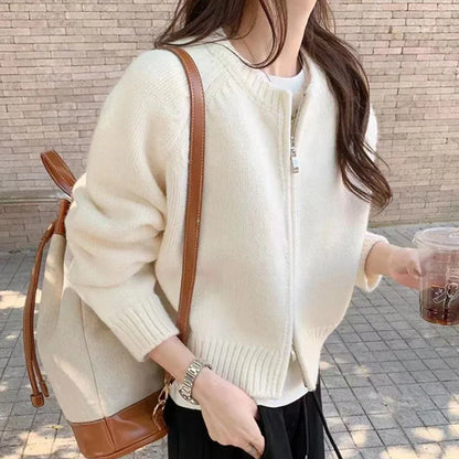 Autumn Winter Short Knitting Cardigan Women Solid Color Long Sleeve Round Neck Sweater Jacket 2025 Casual Zipper Sweater Coats - Smarsty