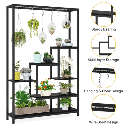 Tribesigns 5 Tiers Tall Indoor Plant Stand 70.9 inches Large Metal Plant Shelf with 10 PC S Hanging Hooks for Garden