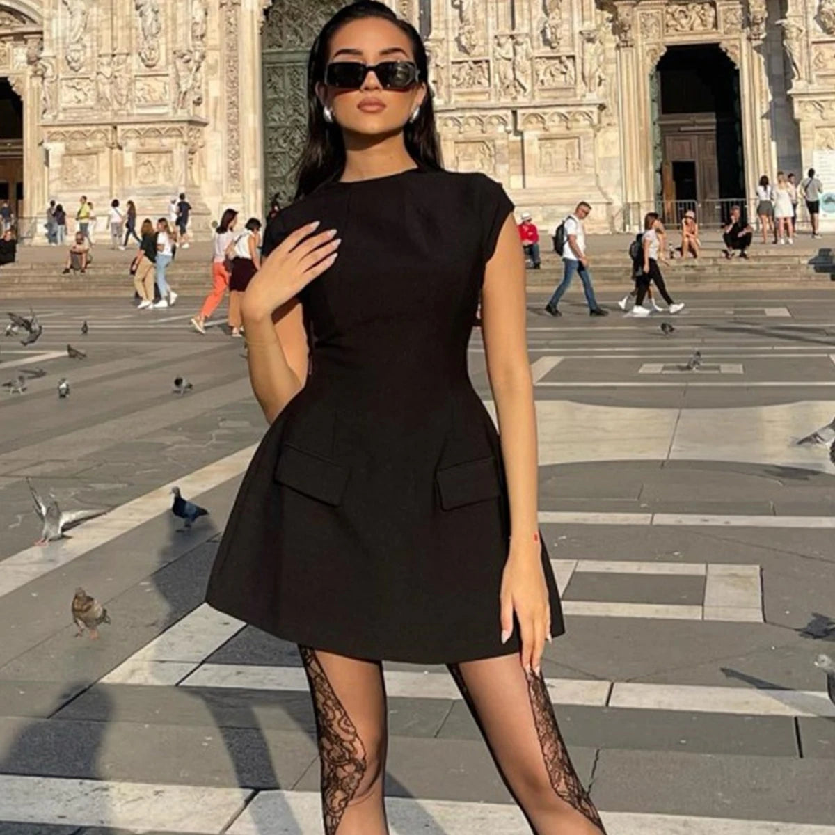 2025 Women‘s Sexy Slim Fit Hollow Mini Dress Spring New Y2K Sleeveless A- LINE Black Dress High Street Commute Elegant Dresses - Smarsty