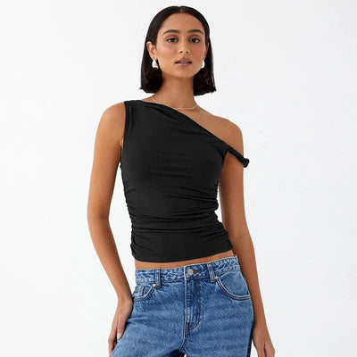 Simple Basic Casual Summer Tank Top Sleeveless Solid Color Off Shoulder Side Ruched Crop Tops Vestidos Spring Women T S - Smarsty