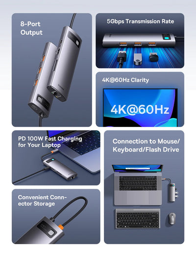 USB C Hub 4K 60Hz EthernetRJ45 PD 100W PowerDelivery - Smarsty