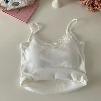 New Knitted Crop Top For Women Solid Color Lace Sling Tops Knitwear Tank Top Female Sexy Slim Camisole Sweet Short Beau Back Top - Smarsty