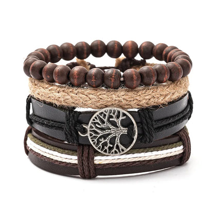 Vintage Leather Men Bracelet Woven Brown Wood Beads - Smarsty
