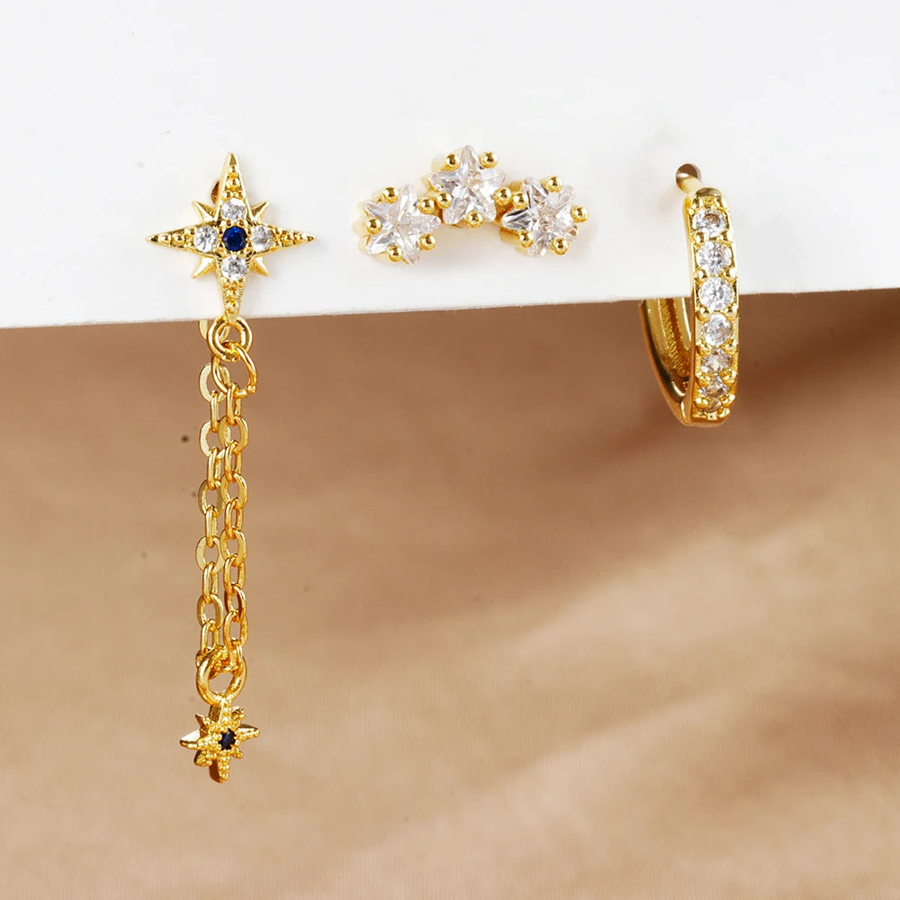 3Pc Stainless Steel Star Stud Earrings Sparkling Zircon - Smarsty