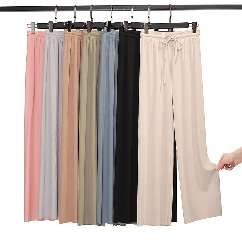 Women Ankle-Length Wide Leg Pants Casual Summer Solid Elastic Waist Loose Ice Silk Pants Spring Summer Female Trousers - Smarsty